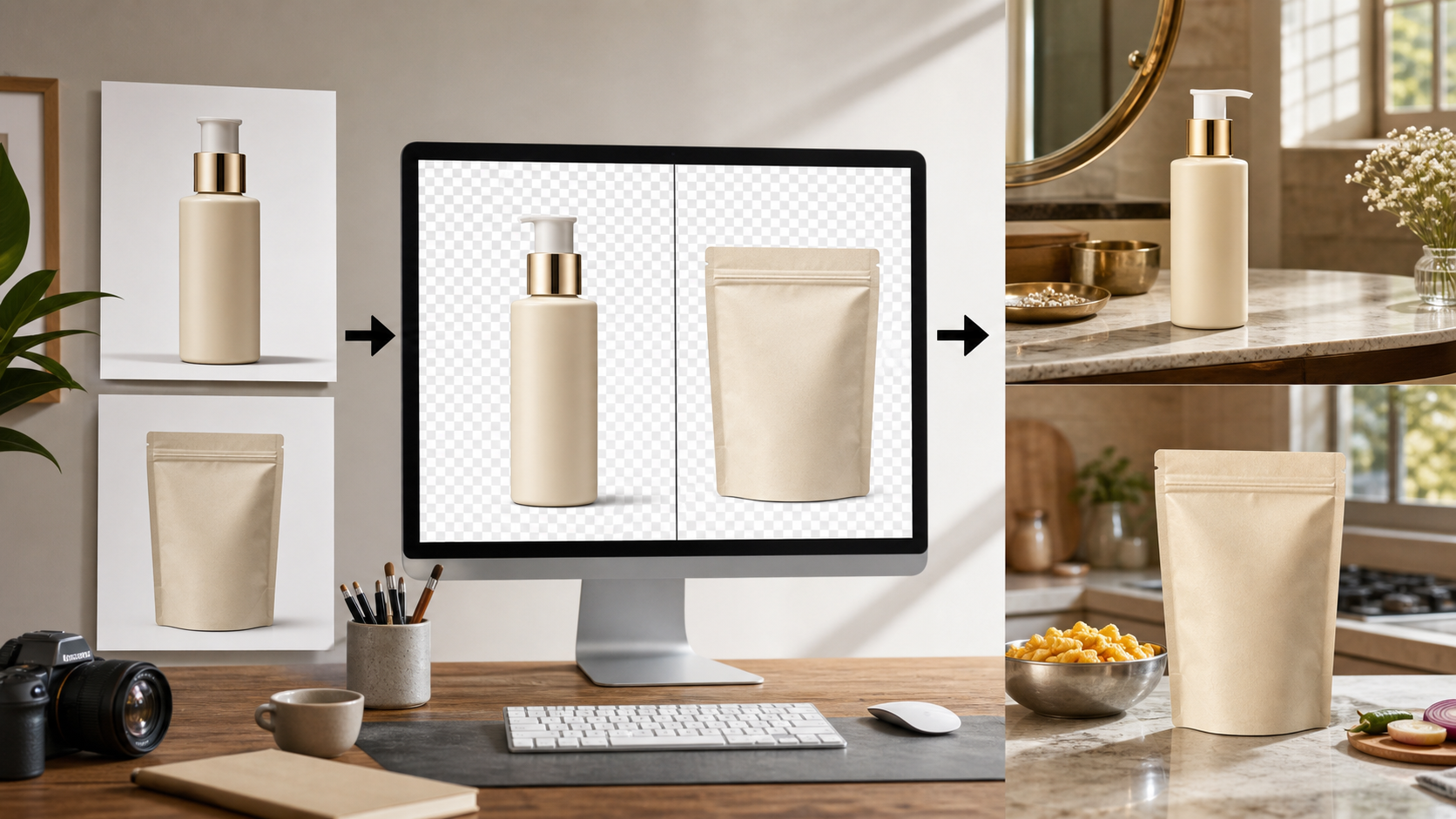 Indian ecommerce product photo workflow showing source images, transparent cutouts, and final lifestyle product photos