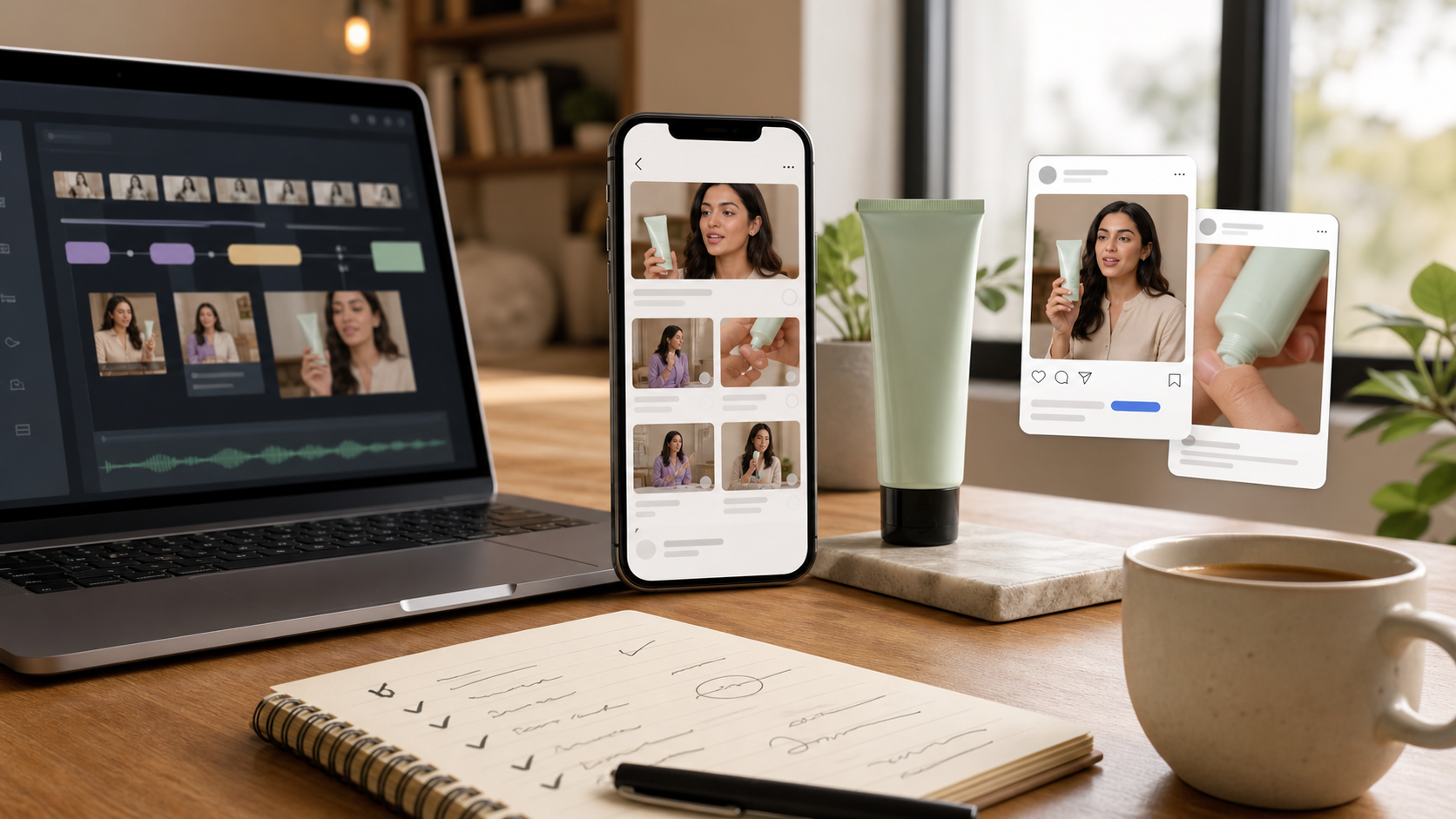 Indian ecommerce marketer reviewing AI UGC video ad storyboards, product packshots, hooks, and mobile ad previews