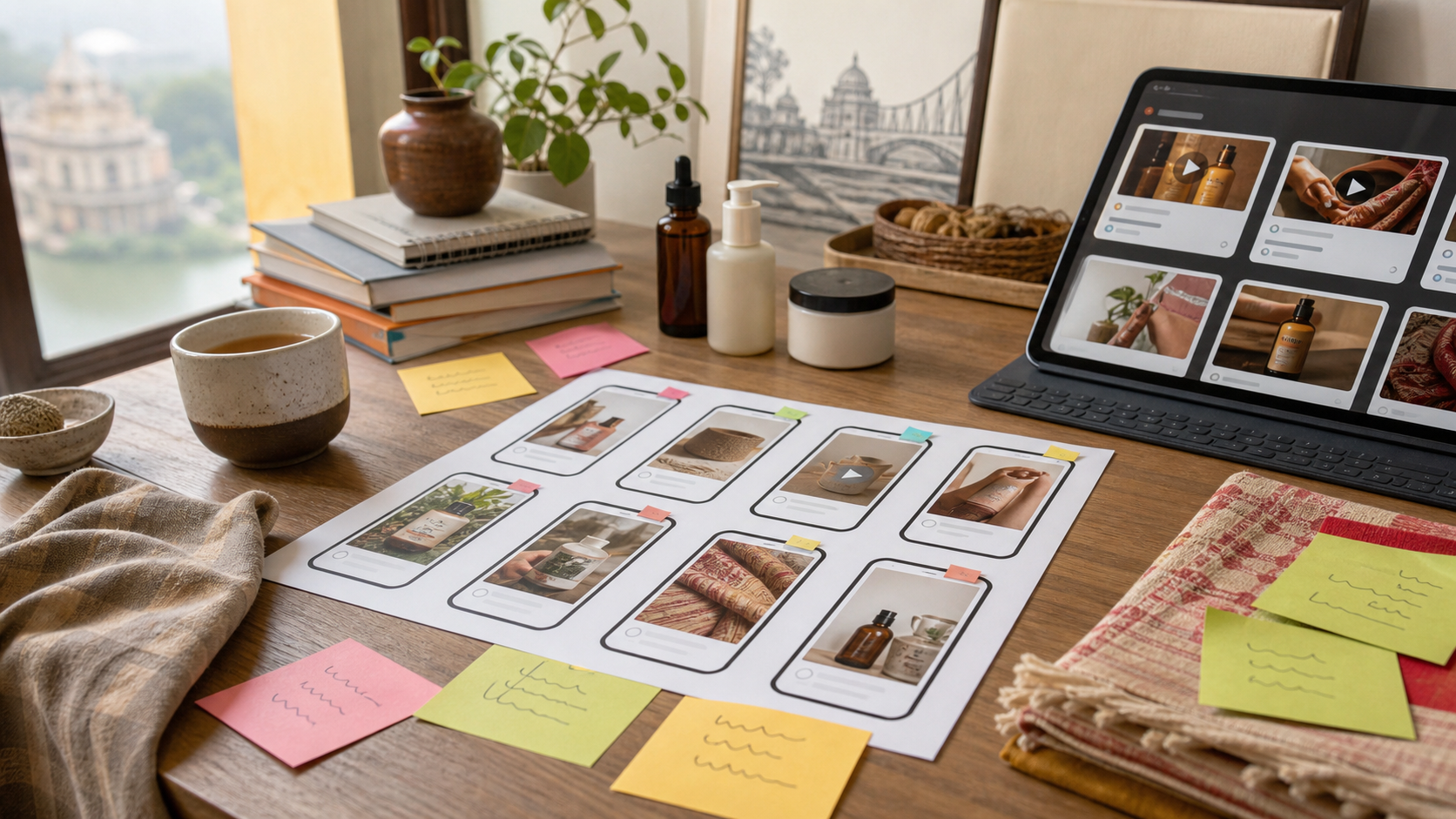 Bengali ecommerce UGC ad planning workspace with vertical video storyboard frames and Indian product props