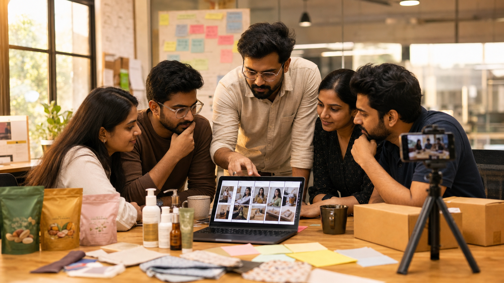 Indian ecommerce marketing team planning Gujarati UGC ads with vertical creator video storyboards and product props