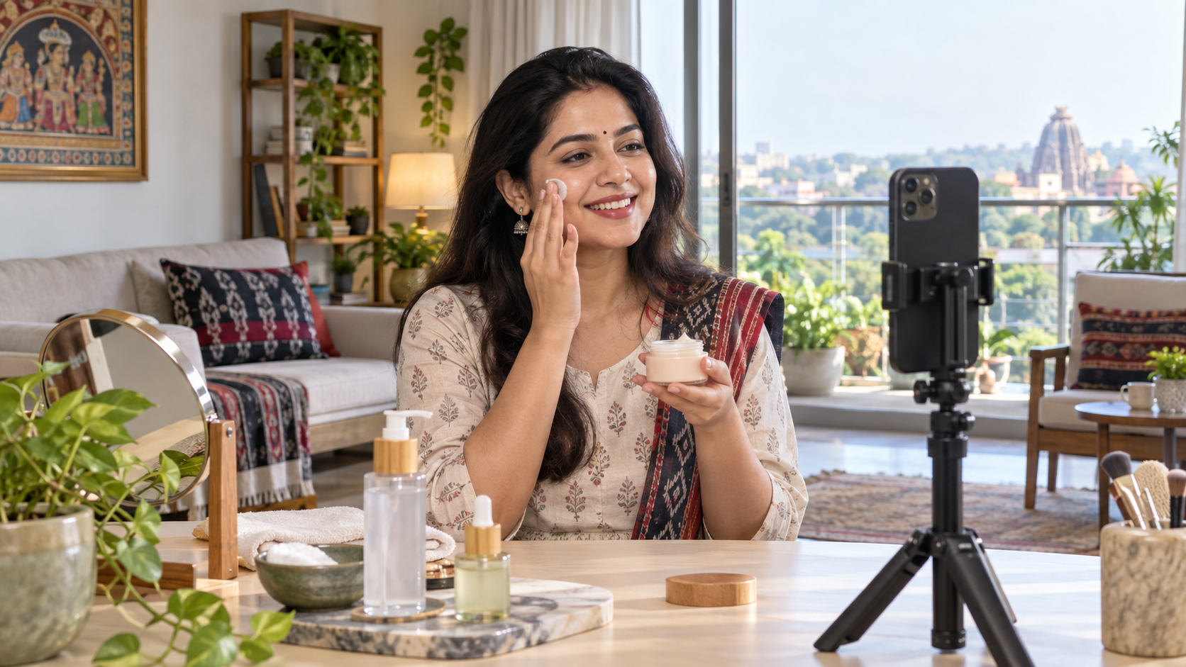Odia-speaking creator filming a vertical skincare product demonstration in a Bhubaneswar home