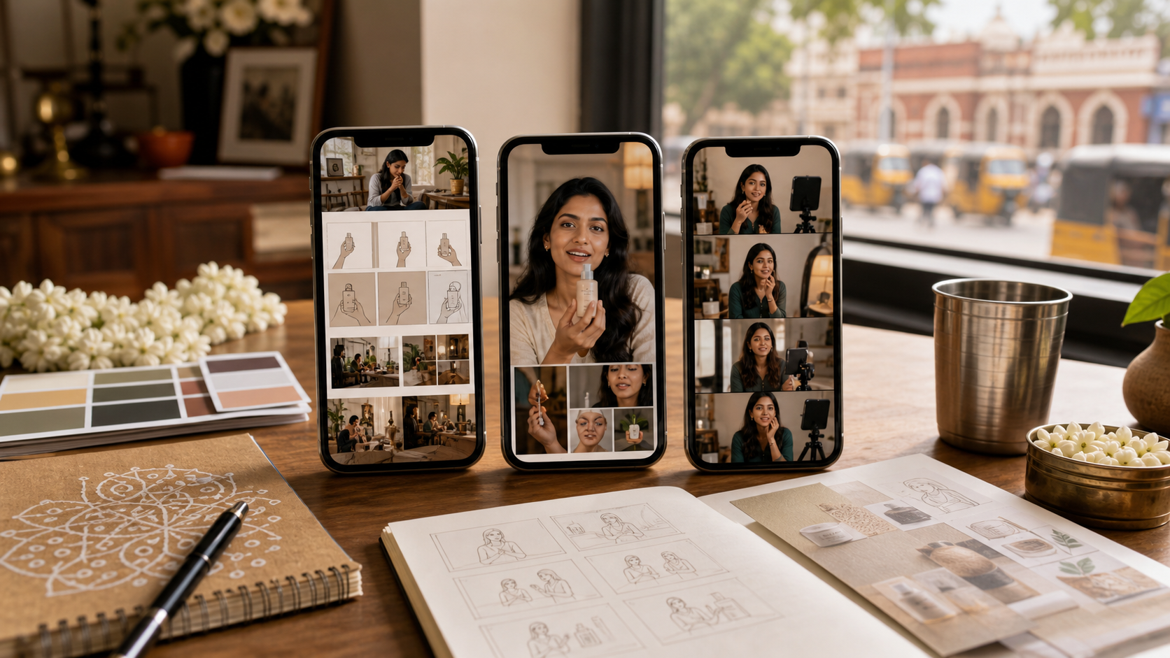 Tamil ecommerce UGC ad planning board with vertical creator video concepts and South Indian product demo scenes