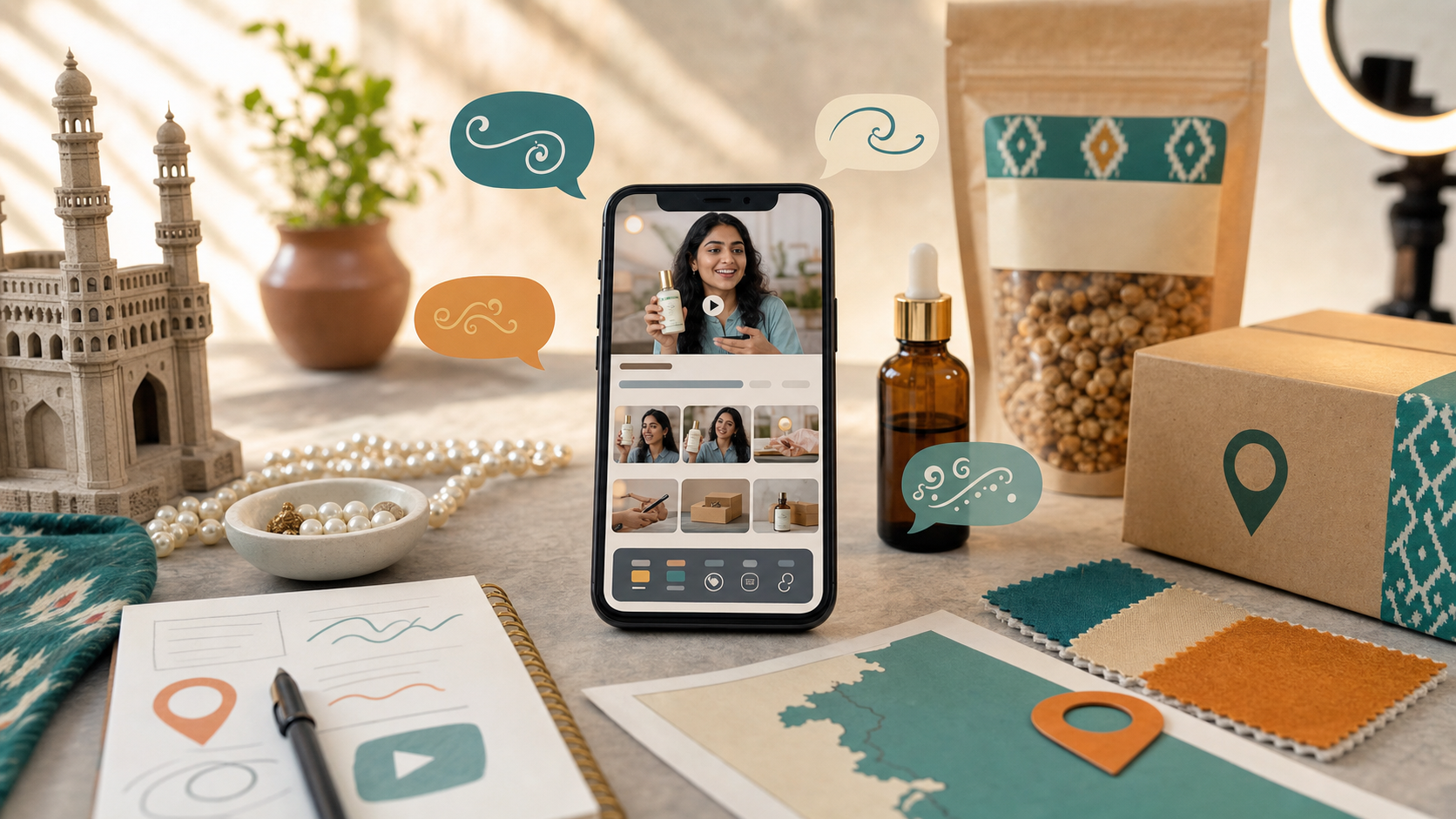 Indian D2C marketing workspace planning Telugu UGC ads with creator video storyboard and product props