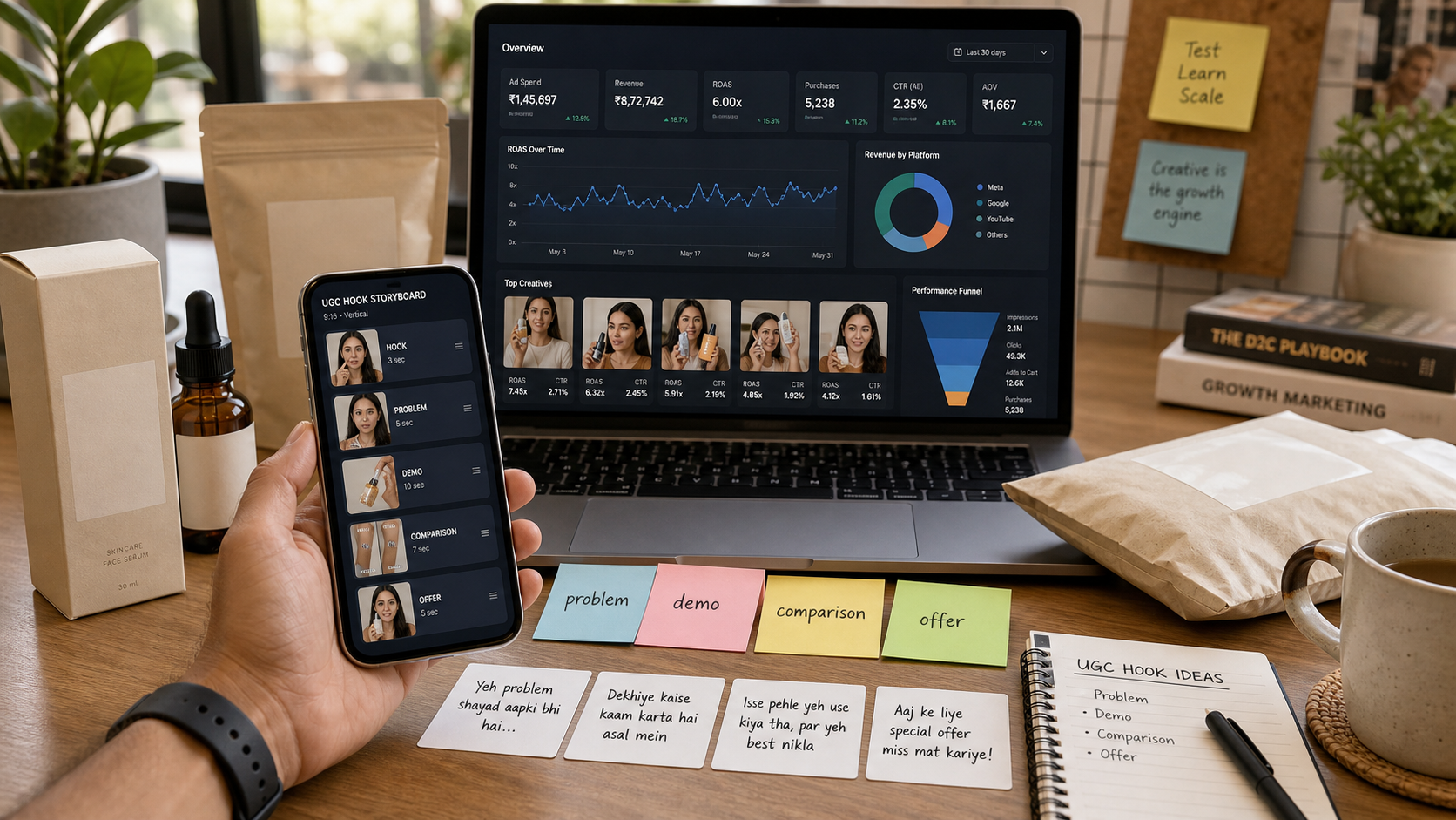 Indian D2C marketing desk with UGC hook examples, creator video storyboards, and ad testing notes