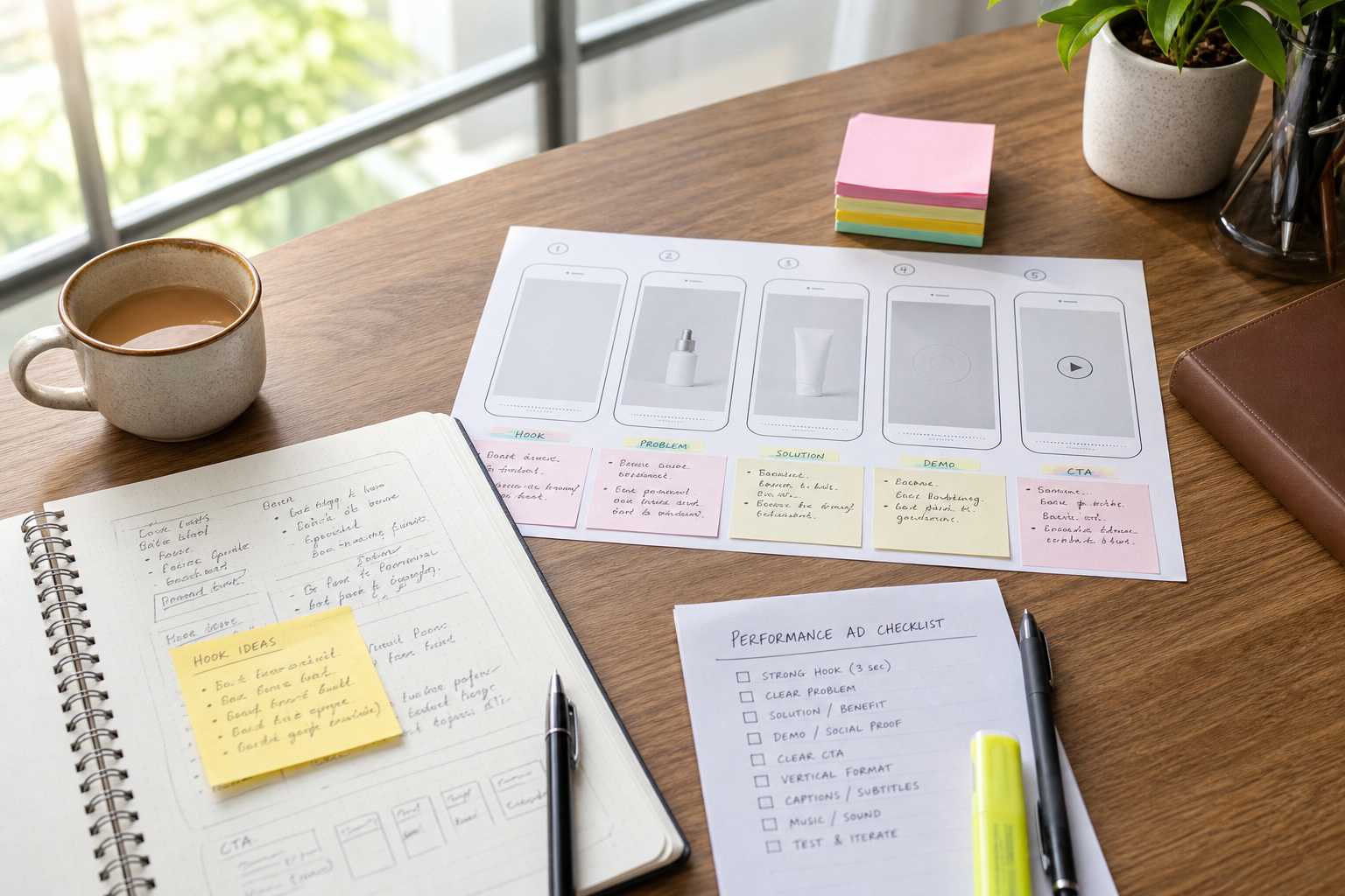 Indian D2C marketing desk with UGC script template cards, mobile video storyboard frames, and product ad notes