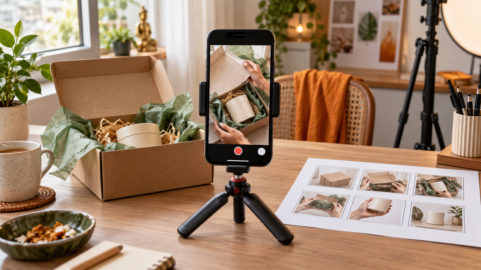 Indian D2C unboxing video setup with smartphone, parcel, product, and storyboard